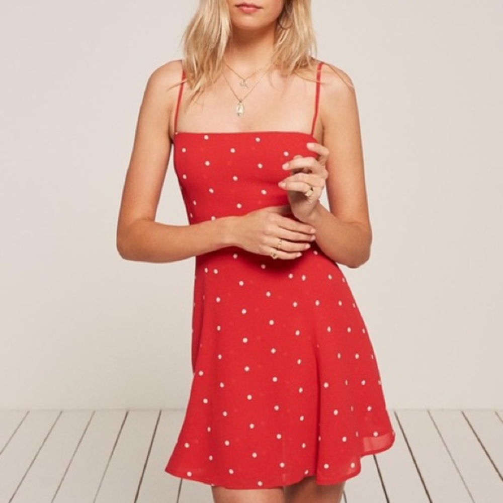 Reformation Stacey red polka-dot mini dress